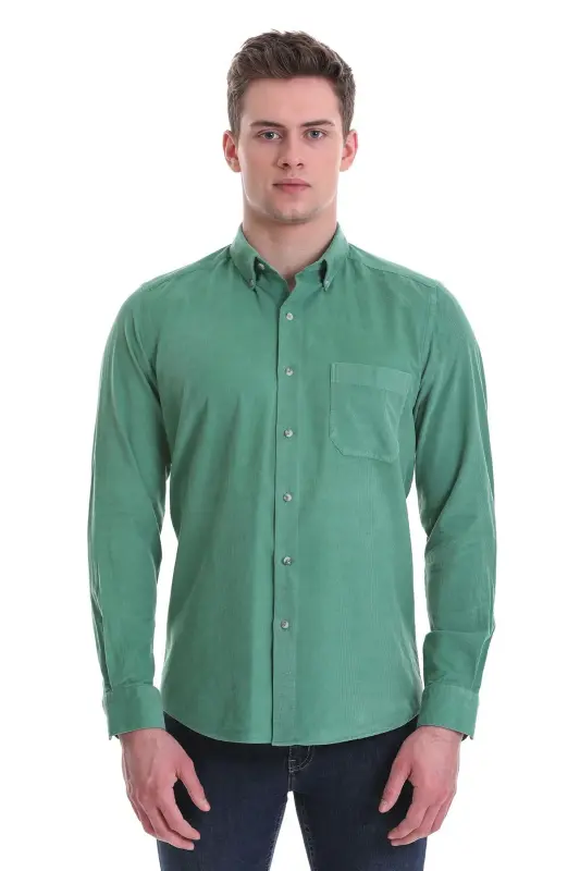 Yeşil Slim Fit Düz 100% Pamuklu Düğmeli Yaka Uzun Kollu Klasik Gömlek-Yeşil - HATEMOĞLU