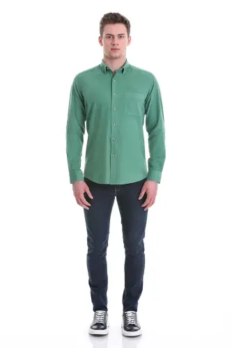 Yeşil Slim Fit Düz 100% Pamuklu Düğmeli Yaka Uzun Kollu Klasik Gömlek-Yeşil - HATEMOĞLU (1)