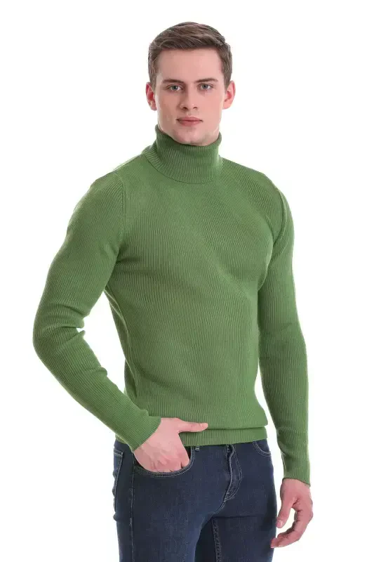 Yeşil Slim Fit Fitilli Balıkçı Yaka Yünlü Triko Kazak-Yeşil - HATEMOĞLU
