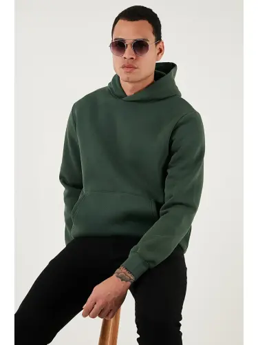 Yeşil Slim Fit Kapüşonlu Kanguru Cepli İçi Tüylü Yumuşak Şardonlu Erkek Sweat 5905281-Yeşil 