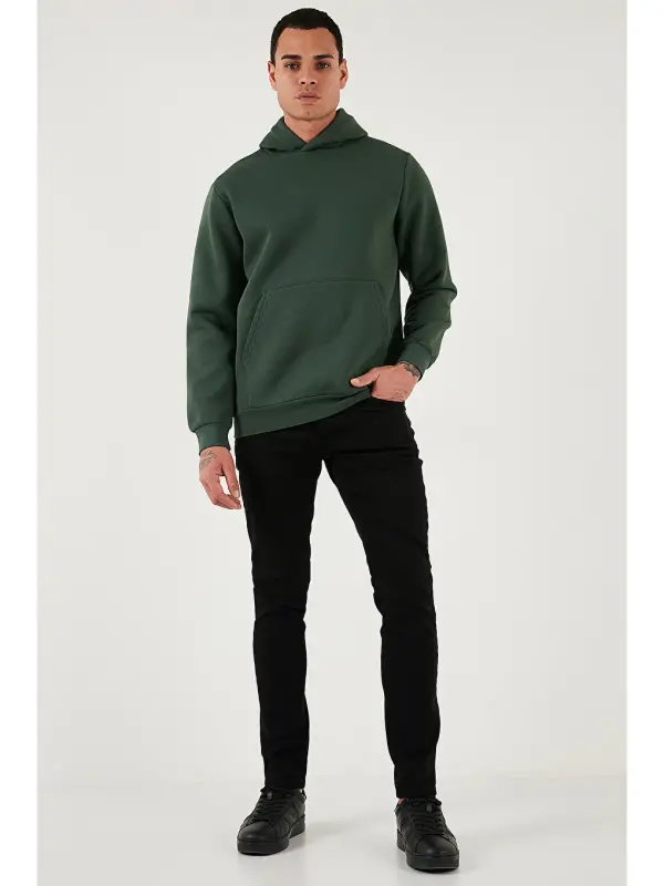 Yeşil Slim Fit Kapüşonlu Kanguru Cepli İçi Tüylü Yumuşak Şardonlu Erkek Sweat 5905281-Yeşil - 2