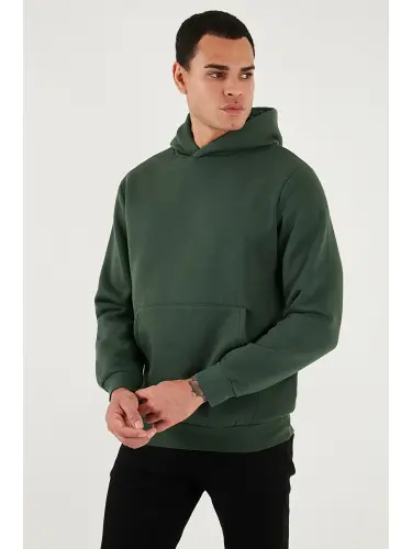 Yeşil Slim Fit Kapüşonlu Kanguru Cepli İçi Tüylü Yumuşak Şardonlu Erkek Sweat 5905281-Yeşil - 3