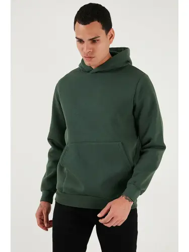 Yeşil Slim Fit Kapüşonlu Kanguru Cepli İçi Tüylü Yumuşak Şardonlu Erkek Sweat 5905281-Yeşil - 4