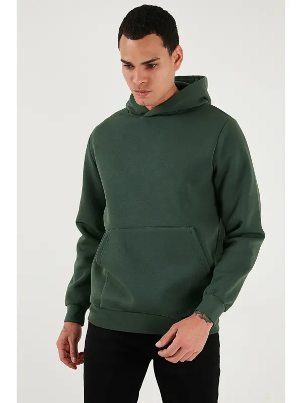 Yeşil Slim Fit Kapüşonlu Kanguru Cepli İçi Tüylü Yumuşak Şardonlu Erkek Sweat 5905281-Yeşil - 4