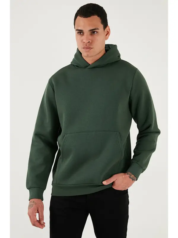 Yeşil Slim Fit Kapüşonlu Kanguru Cepli İçi Tüylü Yumuşak Şardonlu Erkek Sweat 5905281-Yeşil - 5