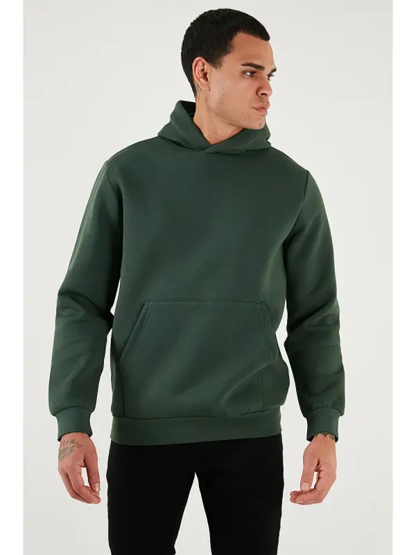Yeşil Slim Fit Kapüşonlu Kanguru Cepli İçi Tüylü Yumuşak Şardonlu Erkek Sweat 5905281-Yeşil - 6