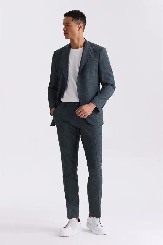 Yeşil Slim Fit Mono Yaka Keten Takım Elbise - 1