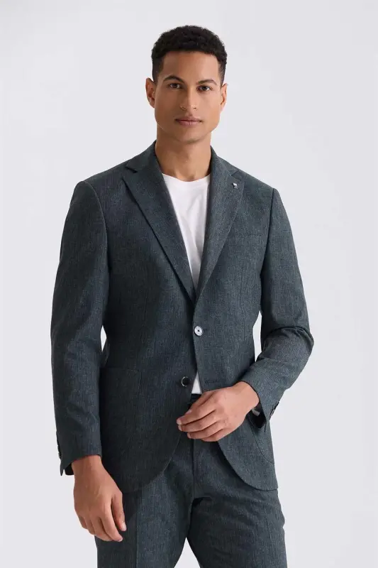 Yeşil Slim Fit Mono Yaka Keten Takım Elbise - 2