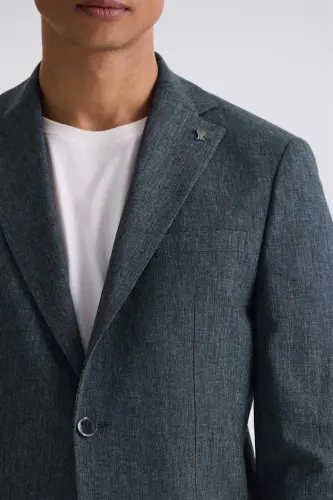 Yeşil Slim Fit Mono Yaka Keten Takım Elbise - 3