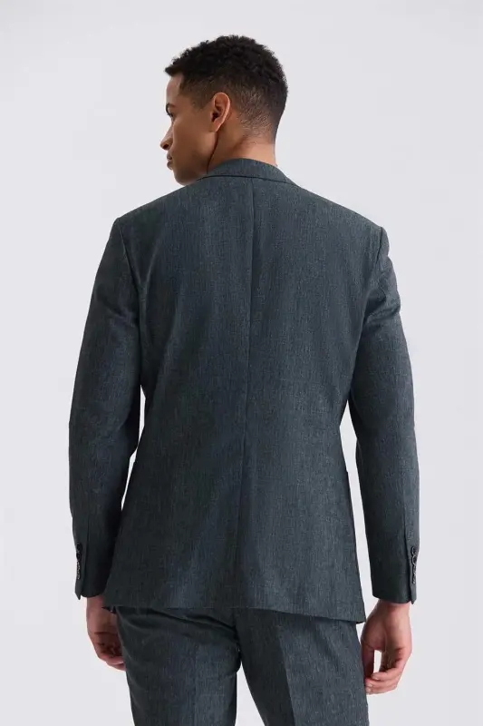 Yeşil Slim Fit Mono Yaka Keten Takım Elbise - 4