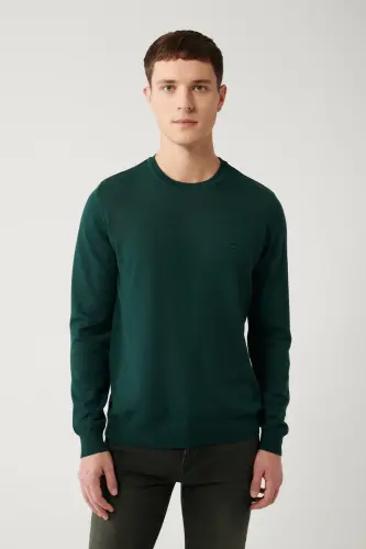 Erkek Yeşil Bisiklet Yaka Yün Karışımlı Triko Regular Fit Kazak B005013 - Yeşil - 3
