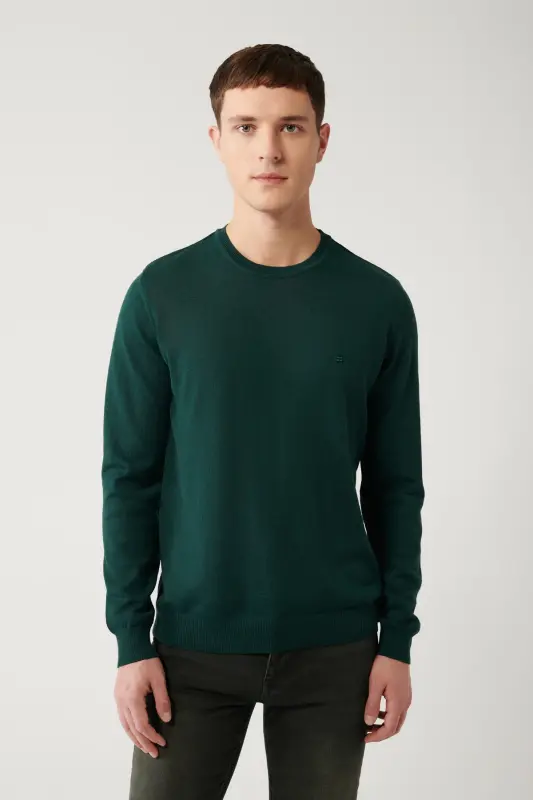Erkek Yeşil Bisiklet Yaka Yün Karışımlı Triko Regular Fit Kazak B005013 - Yeşil - 3
