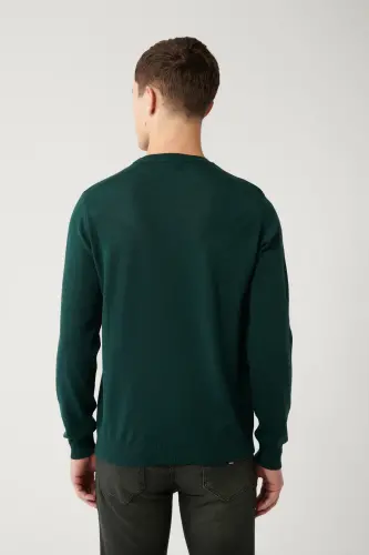 Erkek Yeşil Bisiklet Yaka Yün Karışımlı Triko Regular Fit Kazak B005013 - Yeşil - 4