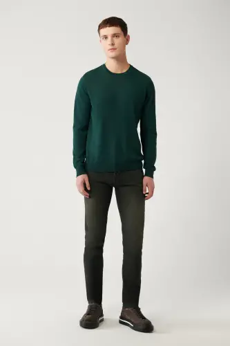 Erkek Yeşil Bisiklet Yaka Yün Karışımlı Triko Regular Fit Kazak B005013 - Yeşil - 5