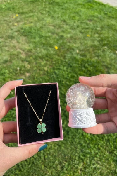 Yeşil Yonca Gold Kolye Kar Küresi Doğum Günü Hediyesi Arkadaşa Sevgiliye Set Kadına Özel Kutu - SALTOS