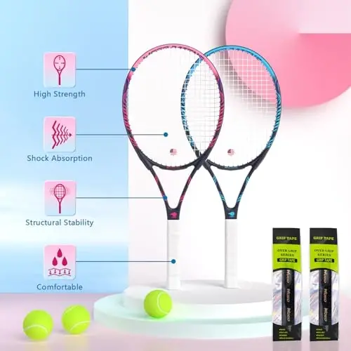 Adult 2 Player Tennis Racket Perfect for Beginner and Professional Players, 27” Speed Tennis Racquet Include Tennis Balls, Overgrips, Tennis Bag, Vibration Dampe, Cover - WOED BATENS (1)
