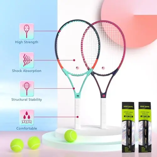 Adult 2 Player Tennis Racket Perfect for Beginner and Professional Players, 27” Speed Tennis Racquet Include Tennis Balls, Overgrips, Tennis Bag, Vibration Dampe, Cover - 2