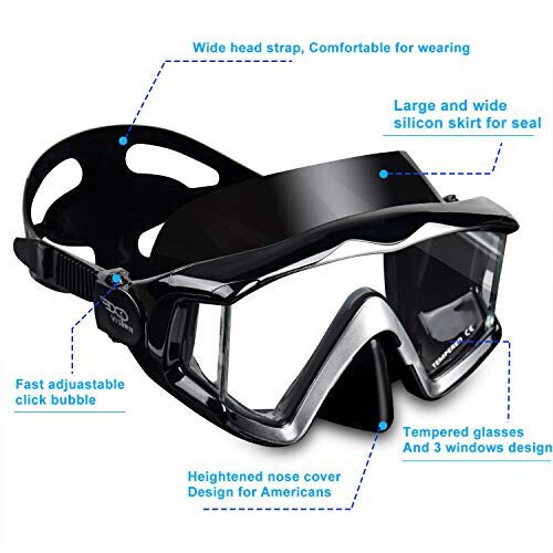 Adult Pano 3 Scuba Diving Mask, Tempered Glass Snorkel Mask Anti-Fog Swim Mask No Leakage Swim Goggles with Nose Cover Snorkeling Gear for Snorkeling, Freediving, Swimming - 3