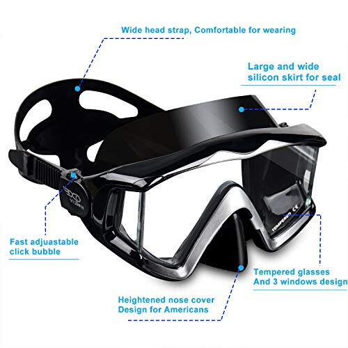 Adult Pano 3 Scuba Diving Mask, Tempered Glass Snorkel Mask Anti-Fog Swim Mask No Leakage Swim Goggles with Nose Cover Snorkeling Gear for Snorkeling, Freediving, Swimming - 3