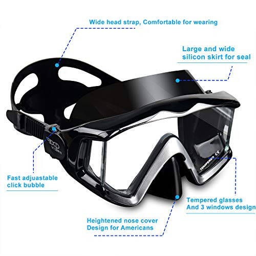 Adult Pano 3 Scuba Diving Mask, Tempered Glass Snorkel Mask Anti-Fog Swim Mask No Leakage Swim Goggles with Nose Cover Snorkeling Gear for Snorkeling, Freediving, Swimming - 3