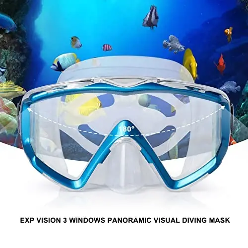 Adult Pano 3 Scuba Diving Mask, Tempered Glass Snorkel Mask Anti-Fog Swim Mask No Leakage Swim Goggles with Nose Cover Snorkeling Gear for Snorkeling, Freediving, Swimming - EXP VISION (1)