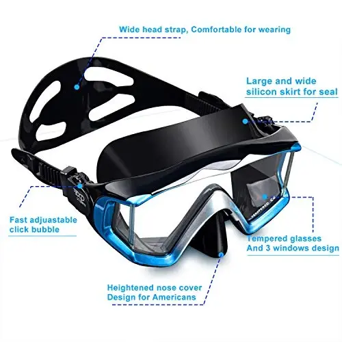 Adult Pano 3 Scuba Diving Mask, Tempered Glass Snorkel Mask Anti-Fog Swim Mask No Leakage Swim Goggles with Nose Cover Snorkeling Gear for Snorkeling, Freediving, Swimming - 3