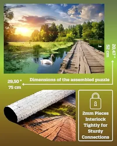 1000 Piece Puzzle for Adults – Golden Hour Lake with Wooden Bridge & Swans, Gift-Ready Box, Letters on Back, 8 Jigsaw Puzzle Saver Sheets & Full-Size Poster by GERJATO – Ideal Gift for Loved Ones - 2