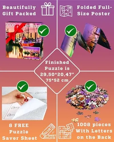 1000 Piece Puzzle for Adults – Scenic Harbor with Colorful Boats, Gift-Ready Box, Letters on Back, 8 Puzzle Saver Sheets & Full-Size Poster by GERJATO – Ideal Gift for Loved Ones - 5