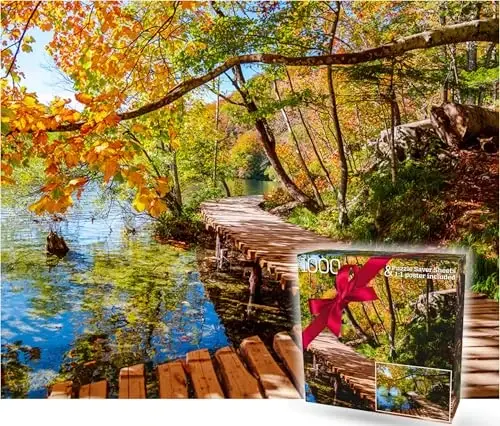 1000 Piece Puzzle for Adults – Golden Forest Trail Beside Quiet Lake in Autumn, Gift-Ready Box, Letters on Back, 8 Jigsaw Puzzle Saver Sheets & Full-Size Poster by GERJATO – Ideal Gift for Loved Ones - 1