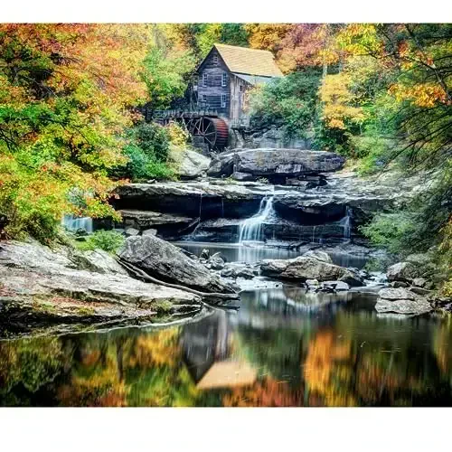 1000 Piece Puzzle for Adults – Scenic Autumn Grist Mill with Waterfalls, Gift-Ready Box, Letters on Back, 8 Jigsaw Puzzle, Saver Sheets & Full-Size Poster by GERJATO – Ideal Gift for Loved Ones - 1