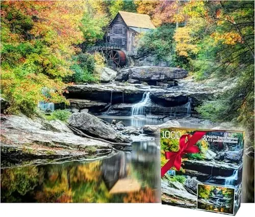 1000 Piece Puzzle for Adults – Scenic Autumn Grist Mill with Waterfalls, Gift-Ready Box, Letters on Back, 8 Jigsaw Puzzle, Saver Sheets & Full-Size Poster by GERJATO – Ideal Gift for Loved Ones - 1