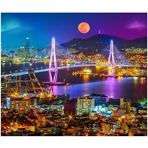 1000 Piece Puzzle for Adults – Vibrant Night Cityscape with Moonlit Bridge, Gift-Ready Box, Letters on Back, 8 Jigsaw Puzzle Saver Sheets & Full-Size Poster by GERJATO – Ideal Gift for Loved Ones 
