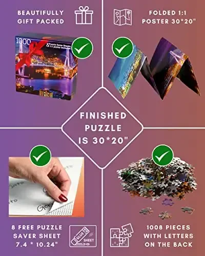 1000 Piece Puzzle for Adults – Vibrant Night Cityscape with Moonlit Bridge, Gift-Ready Box, Letters on Back, 8 Jigsaw Puzzle Saver Sheets & Full-Size Poster by GERJATO – Ideal Gift for Loved Ones - 6