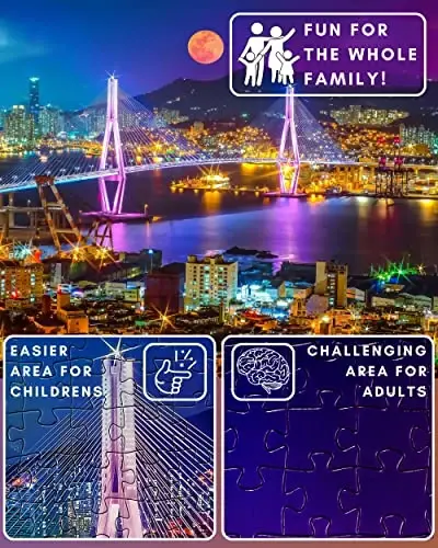 1000 Piece Puzzle for Adults – Vibrant Night Cityscape with Moonlit Bridge, Gift-Ready Box, Letters on Back, 8 Jigsaw Puzzle Saver Sheets & Full-Size Poster by GERJATO – Ideal Gift for Loved Ones - 3