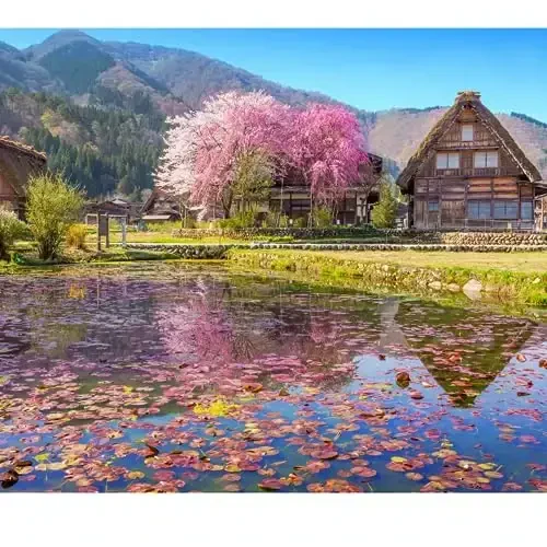 1000 Piece Puzzle for Adults – Scenic Village with Cherry Trees in Bloom, Gift-Ready Box, Letters on Back, 8 Jigsaw Puzzle Saver Sheets & Full-Size Poster by GERJATO – Ideal Gift for Loved Ones 