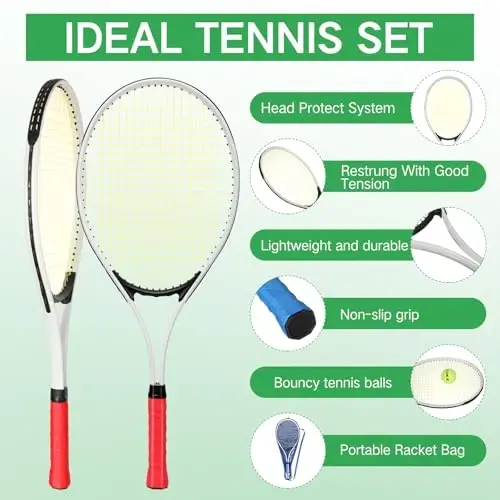 Yetişkinler İçin 6 Kişilik Eğlencelik 27'' Tenis Raketi Seti, 3 Toplu, Hafif Tenis Raketleri Toplu Paket, Kadınlar Erkekler Tenis Antrenmanı ve Başlangıç İçin, Kavrama Bandı ve Çantayla - MOTIONCHIC