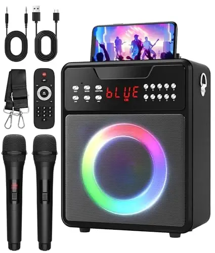 NBKLS Karaoke Machine for Adults, Portable Karaoke Machine with Bluetooth and 2 Wireless Microphones, Karaoke Speaker with Lights Supports for TWS,USB,FM,REC,AUX in,TF Card for Party - 1