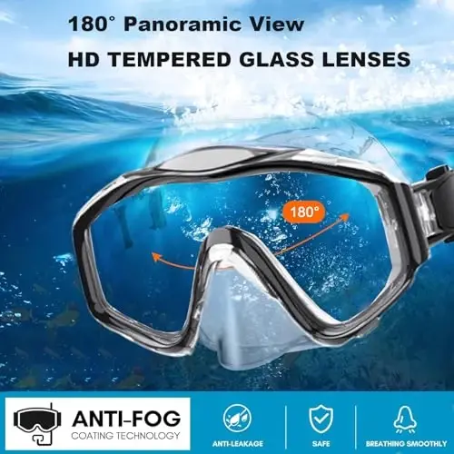 Snorkeling Gear for Adults,Dry-Top Snorkel Set with Tempered Glass,Anti-Fog & Anti-Leak Panoramic Swim Mask, Adjustable Snorkel Kit with Carry Bag for Scuba Diving, Swimming,Travel - 2