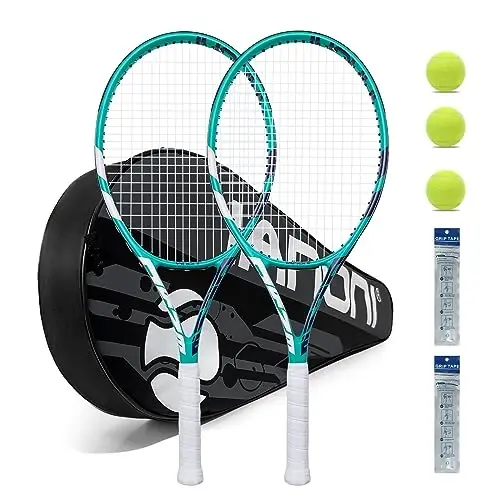 Tennis Rackets for Adults, Pre-Strung 27 Inch Tennis Racquets-2 Player Tennis Racket Set with 3 Balls,2 Grips, 2 Vibration Dampers - 1