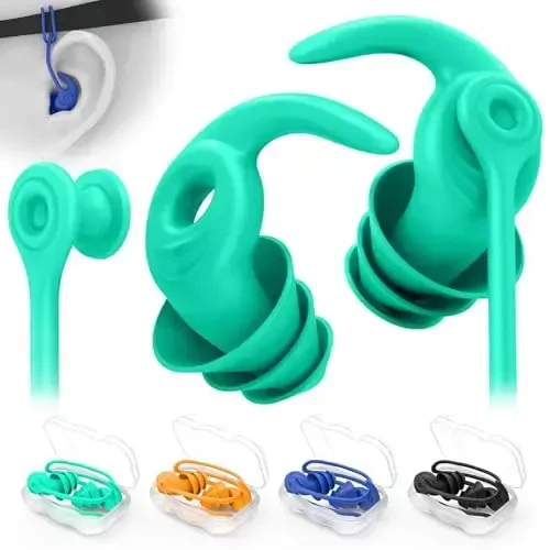 Swimming Ear Plugs for Adults, 4 Pairs Waterproof Reusable Silicone Swim Earplugs with Removable Cord, Perfect for Swimming, Showering, Surfing and Other Water Sports - Two Wearing Styles 