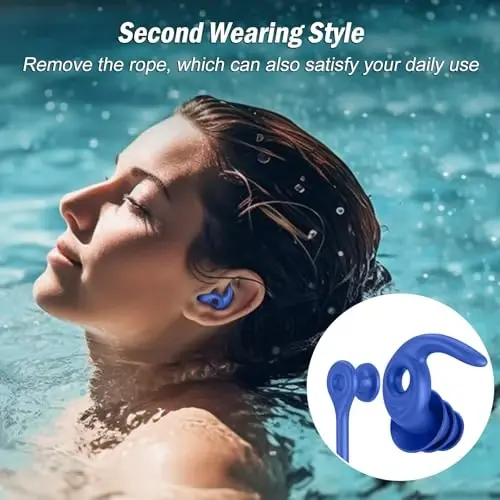 Swimming Ear Plugs for Adults, 4 Pairs Waterproof Reusable Silicone Swim Earplugs with Removable Cord, Perfect for Swimming, Showering, Surfing and Other Water Sports - Two Wearing Styles - 4