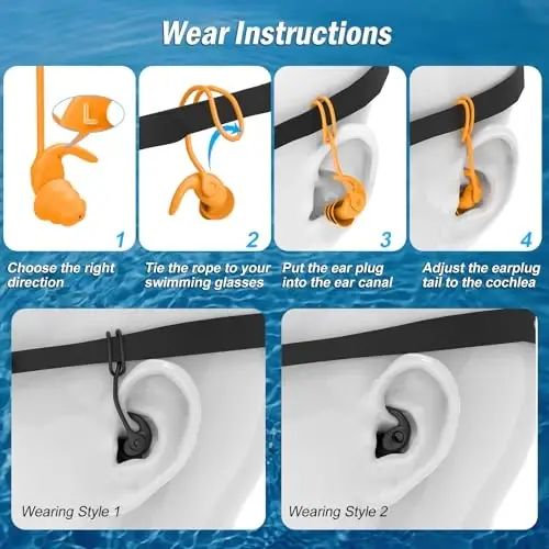 Swimming Ear Plugs for Adults, 4 Pairs Waterproof Reusable Silicone Swim Earplugs with Removable Cord, Perfect for Swimming, Showering, Surfing and Other Water Sports - Two Wearing Styles - 6