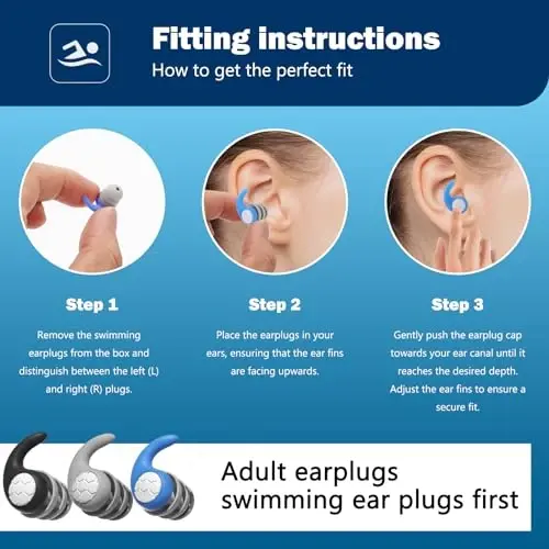 Swimming Ear Plugs for Adults,3 Pairs Waterproof Silicone Reusable Swim Earplugs for Swimming Surfing Diving Showering, Recommended for 12 Years Olds up - SWIMMING (1)