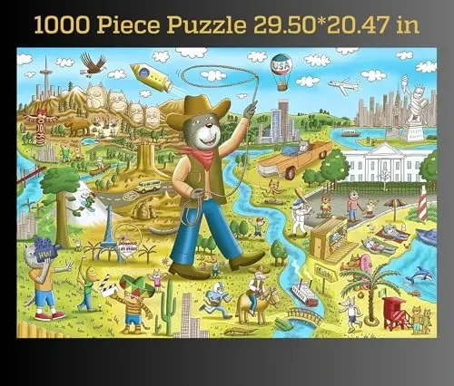 1000 Piece Puzzle for Adults & Kids – Funny Cats & Dogs USA Map Puzzle, Gift-Ready Box, Letters on Back, 8 Jigsaw Puzzle Saver Sheets & Full-Size Poster by GERJATO – Fun Educational Gift for All Ages - 1000 (1)
