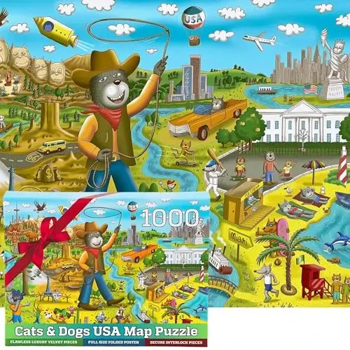1000 Piece Puzzle for Adults & Kids – Funny Cats & Dogs USA Map Puzzle, Gift-Ready Box, Letters on Back, 8 Jigsaw Puzzle Saver Sheets & Full-Size Poster by GERJATO – Fun Educational Gift for All Ages - 1000