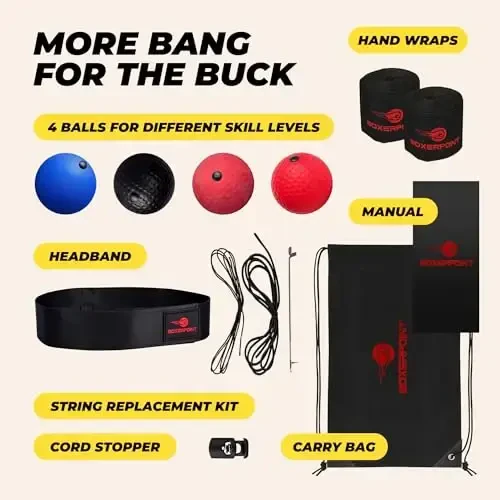 Boxing Reflex Ball for Adults and Kids - React Reflex Balls on String with Headband, Carry Bag and Hand Wraps - Improve Hand Eye Coordination, Punching Speed, Fight Reaction - 5