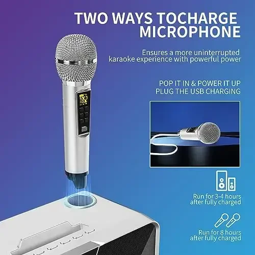 Karaoke Machine for Adults and Kids with 2 UHF Wireless Microphones,Portable Bluetooth Speaker PA Speaker System with LED Party Lights for Home Party, Picnic,Car,Outdoor/Indoor/Birthday Gifts - 5