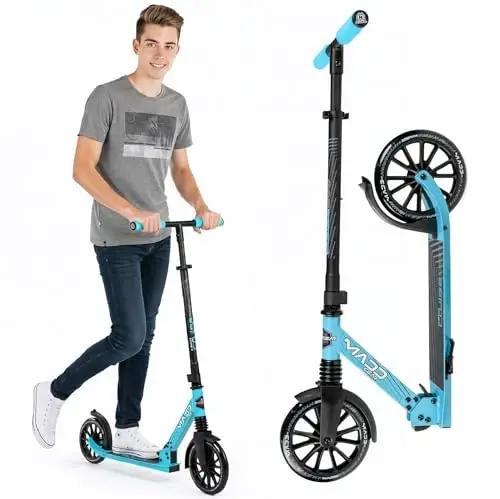 Folding Kick Scooter with Suspension for Adults and Teens – Adjustable Handlebar – Big 200mm Wheels – Lightweight Frame – 250lbs Capacity – Madd Gear Metro Cruise 250 