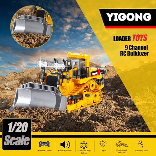 YFCACT RC Bulldozer Realistic 2.4G Remote Control Kids Construction Play Toys with Lights and Sound, Electric Track Type Tractor Loader for 3+year old boy toys, Best Kids Birthday Gift Ages 3-15+ - 2