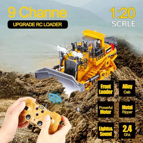 YFCACT RC Bulldozer Realistic 2.4G Remote Control Kids Construction Play Toys with Lights and Sound, Electric Track Type Tractor Loader for 3+year old boy toys, Best Kids Birthday Gift Ages 3-15+ - 3